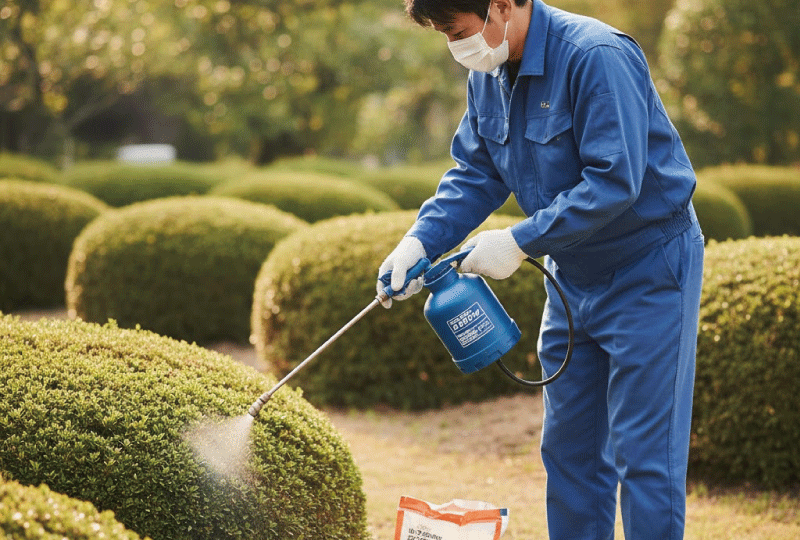 手袋とマスクを着用した日本人男性が、庭の低木の根元に慎重に噴霧器で薬剤を散布している作業風景。