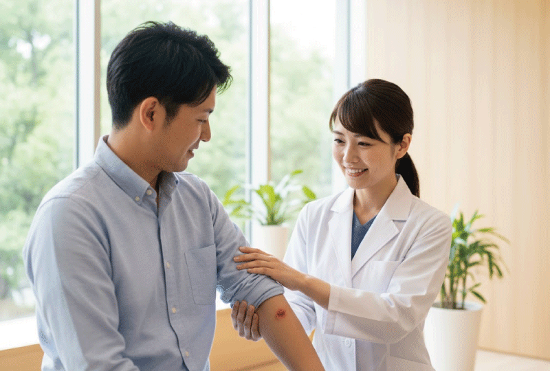 明るい日本のクリニックで、男性が医師に腕の皮膚の状態を見せて相談し、医師が笑顔で対応している様子。