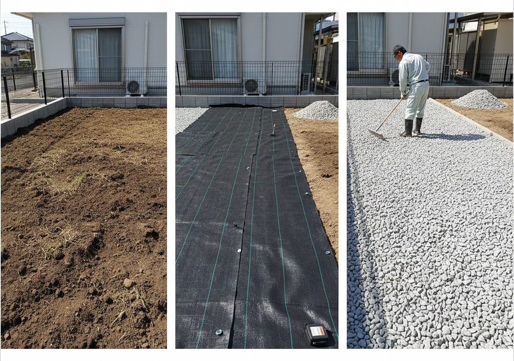 DIYでの施工準備が整った、新しい砕石の山とシャベルが置かれた日本の庭。