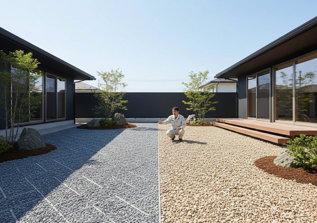 モダンな日本家屋の庭で、グレーの砕石と自然な砂利が綺麗に敷き分けられている様子