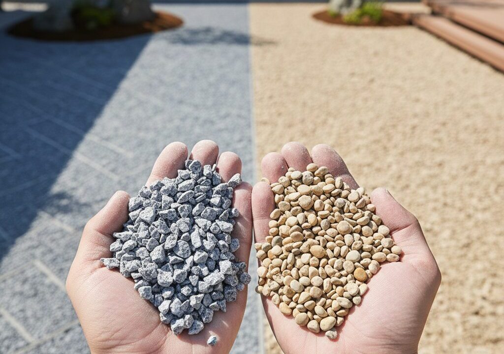 角のあるグレーの砕石と、丸みのある滑らかな砂利を両手に持って比較している様子