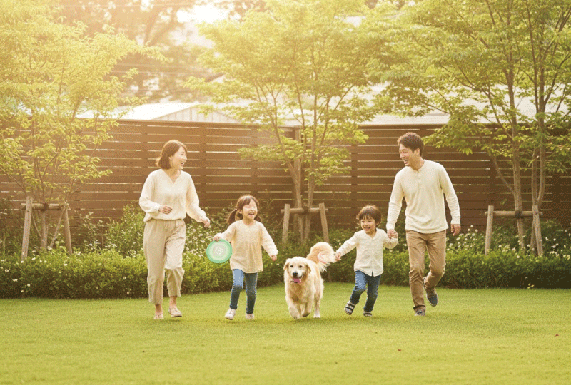 安全対策が施されたきれいに手入れされた芝生の庭で、日本人家族と愛犬が安心して笑顔で遊んでいる幸せな集合写真。