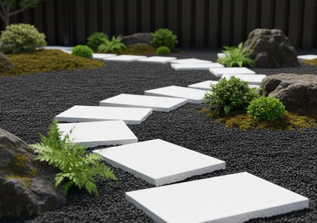 濃いグレーの砕石と白い飛び石、緑の低木が調和したモダンで洗練された庭の景観。