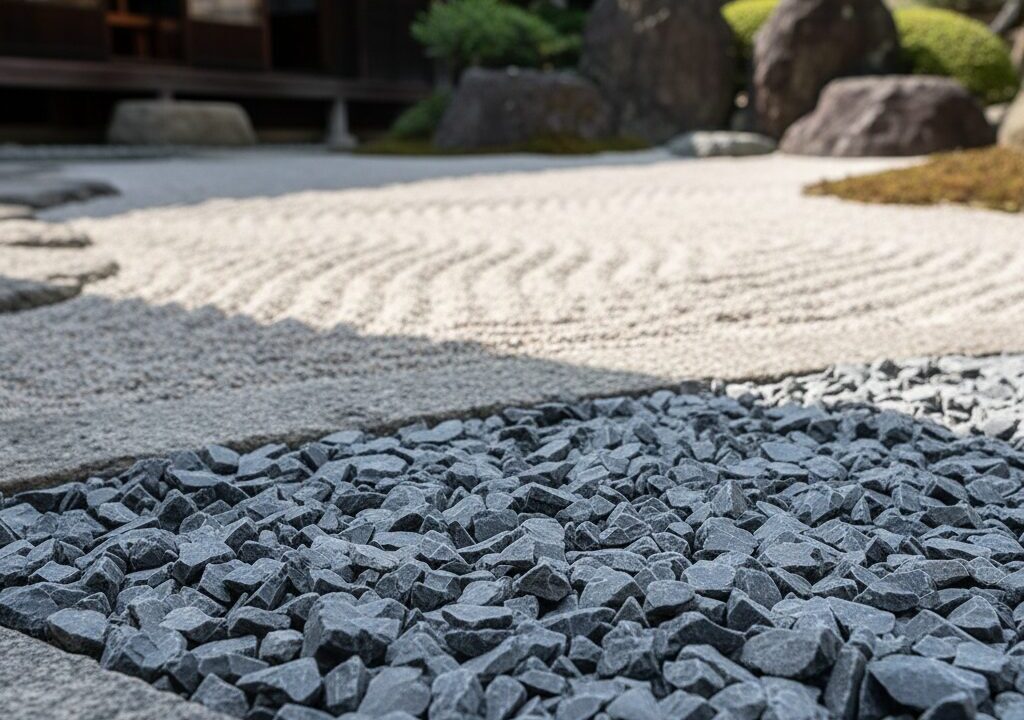 石同士がしっかり噛み合って安定している砕石の道と、奥に見える装飾的な砂利の対比。