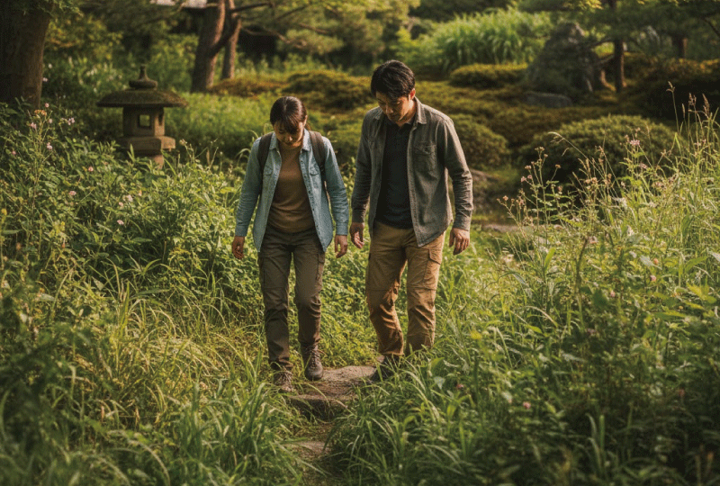 緑豊かな庭の茂みのそばを、長袖長ズボンを着用した日本人カップルが足元に注意しながら慎重に歩いている様子