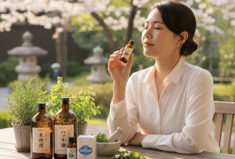 ガーデンテラスのテーブルに置かれた木酢液やハッカ油のボトルとハーブの前で、女性が香りを嗅いでいる様子。