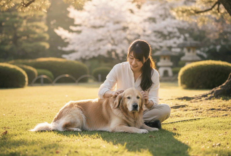 芝生の庭で遊んだ後、飼い主の女性が愛犬のゴールデンレトリバーの耳の裏を優しくチェックしている様子。