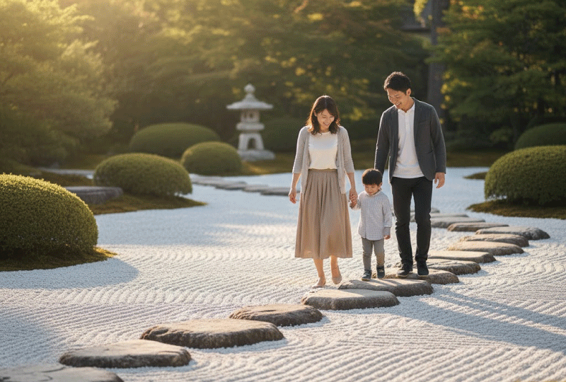 白くてきれいな砂利がきれいに敷き詰められた日本庭園を、家族が飛び石を歩きながら満足そうに眺めている様子