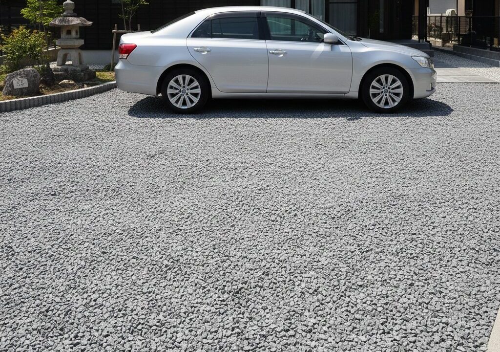 砕石がしっかり敷き詰められた日本の住宅の駐車場に、綺麗に停車している乗用車。