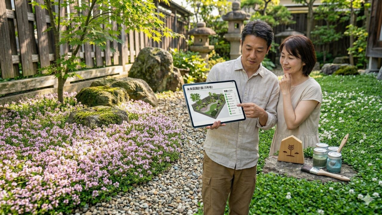 庭の将来を考えながら、タブレットを見て植栽プランを相談している日本の夫婦。