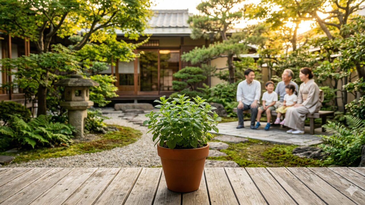 夕暮れ時の美しい庭で、適切に管理された鉢植えのレモンバーム越しに家族がくつろいでいる平和な日本の風景。