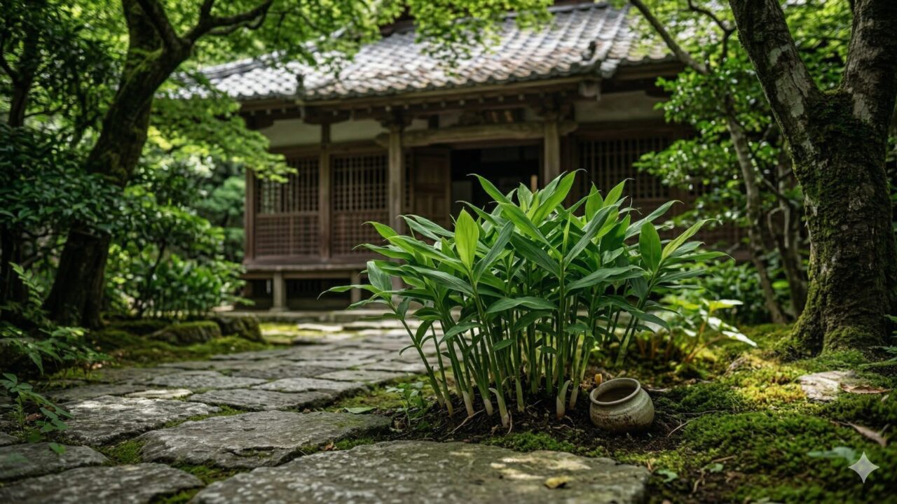 お寺の境内の片隅で、静かに自生しているミョウガの草むら