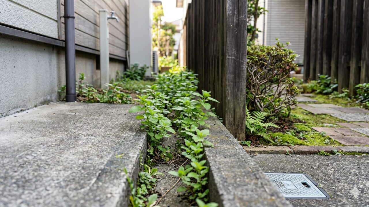 隣家との境界線にあるコンクリートのわずかな隙間から、こぼれ種で勝手に生えてきたレモンバームの芽。