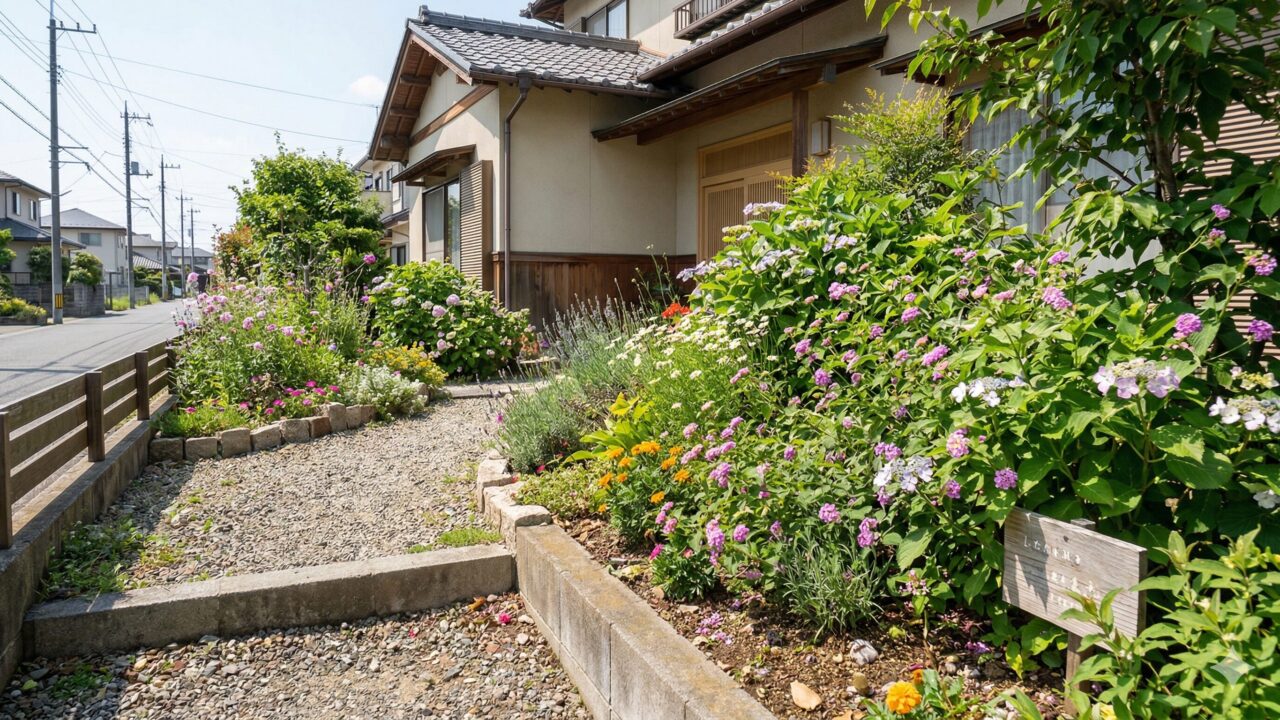 明るい日差しが差し込む、日本の郊外にある一軒家の庭の風景。