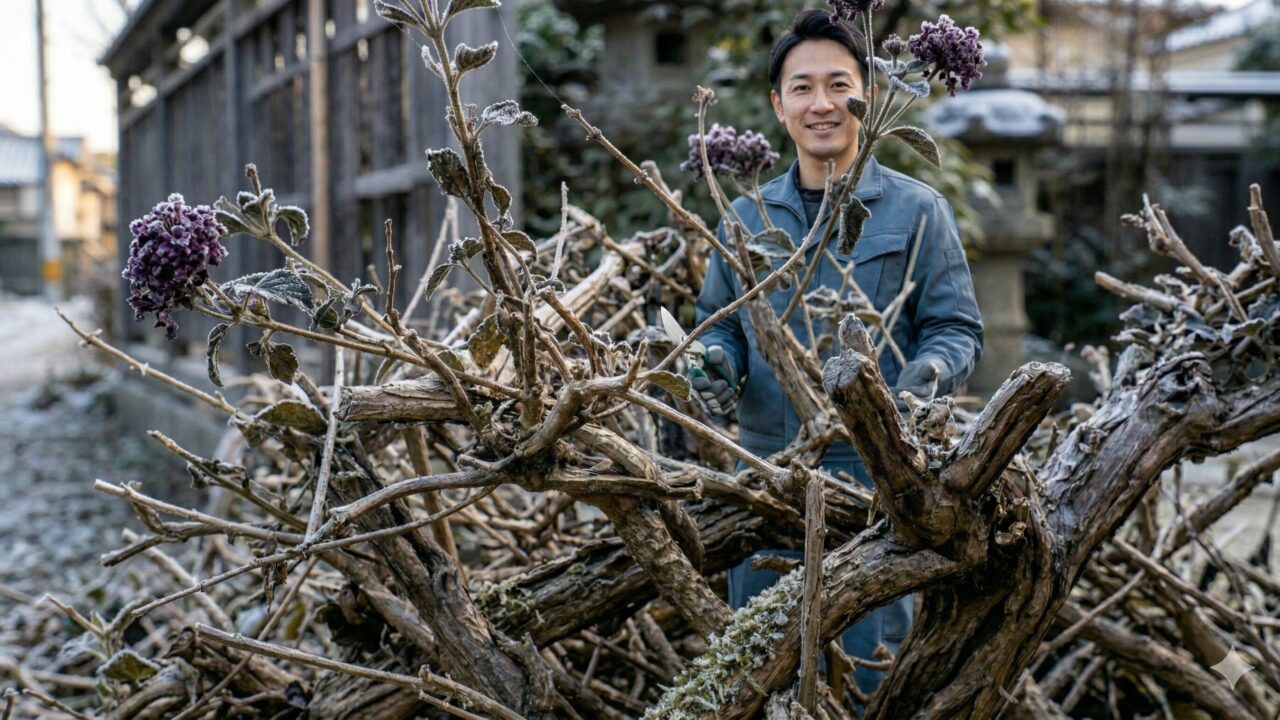 剪定バサミを持ち、日本の庭でアドバイスをくれる笑顔の造園技能士の男性。