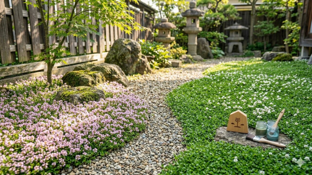コバノランタナの代わりとして植えられた、ピンクの花が咲くクリーピングタイムの絨毯。