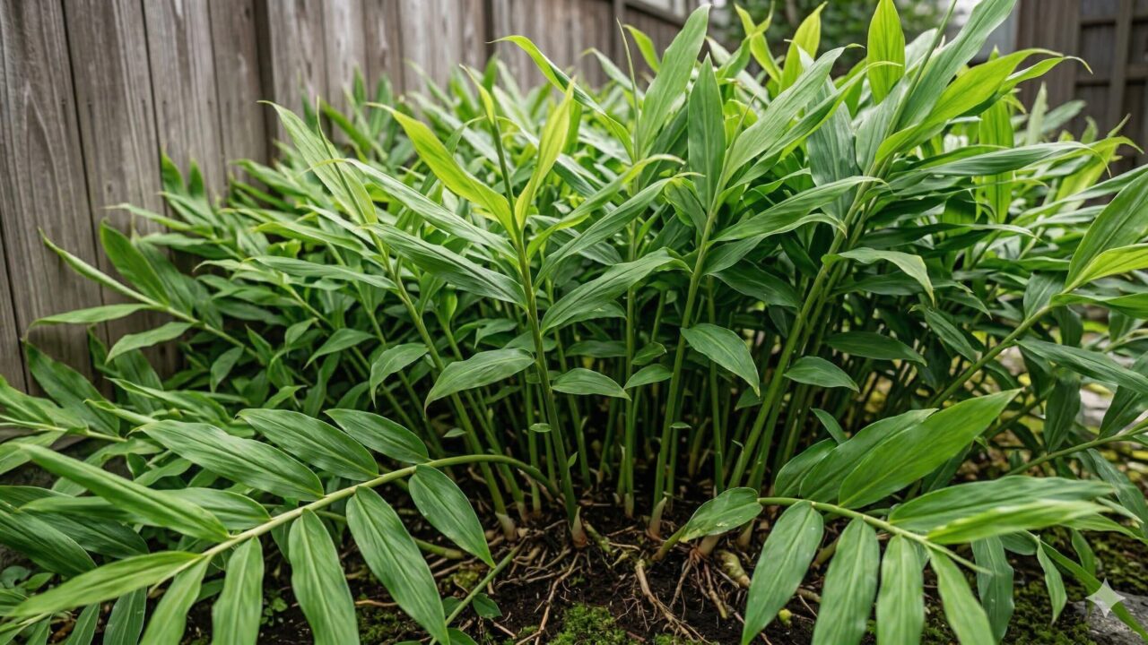 庭の一角を埋め尽くすほど勢いよく繁殖したミョウガの群生