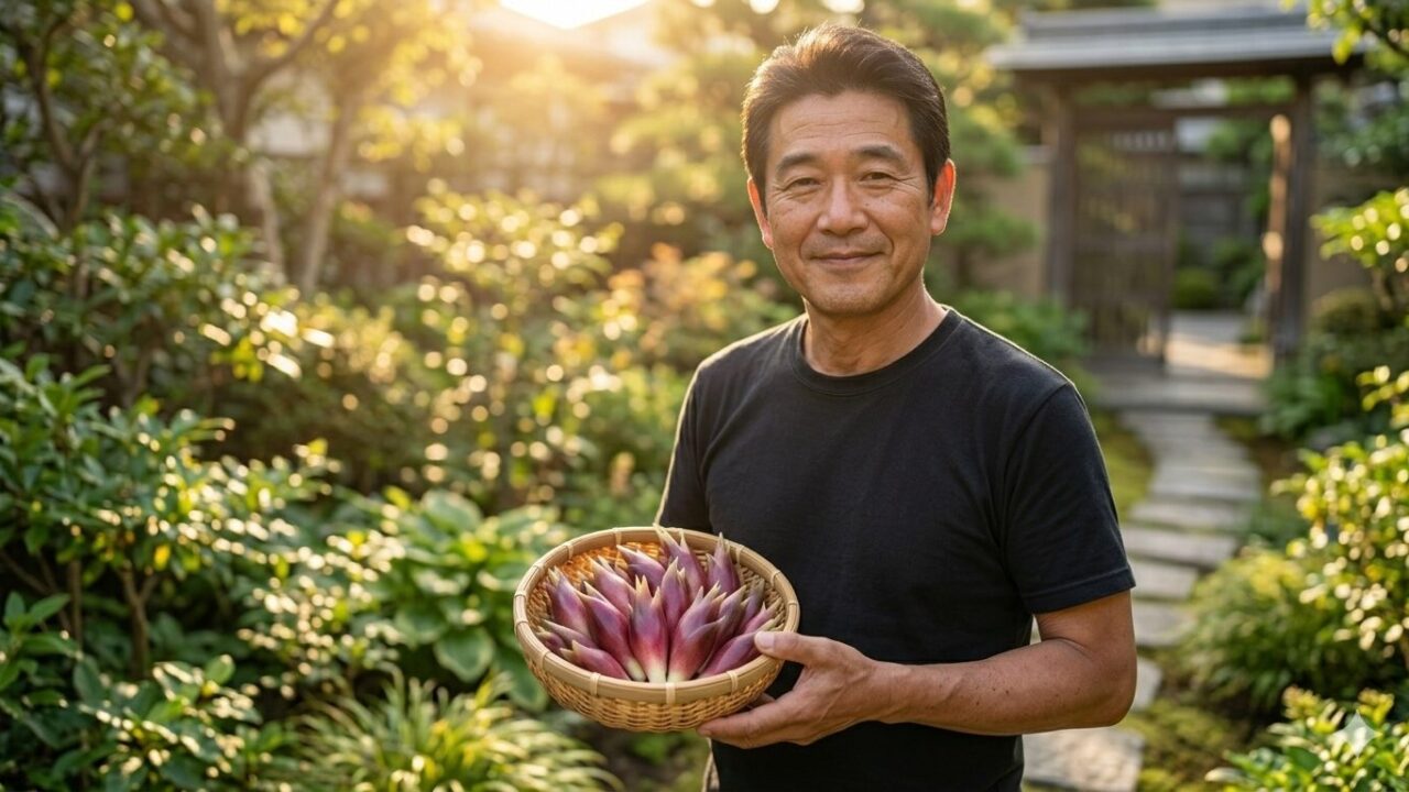 明るい庭で、収穫したばかりのみずみずしいミョウガをカゴに入れて持つ日本人の笑顔。