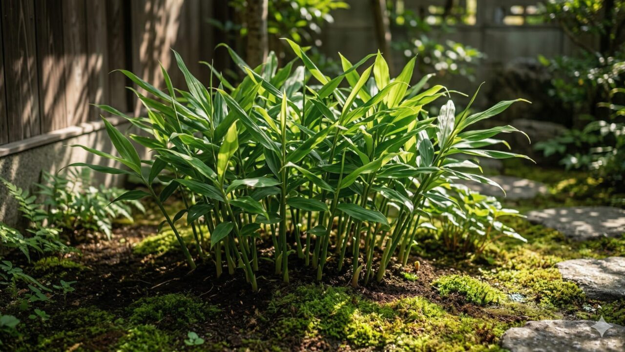 日本の住宅の庭で、青々と生い茂るミョウガの葉に明るい木漏れ日が差し込んでいる様子。