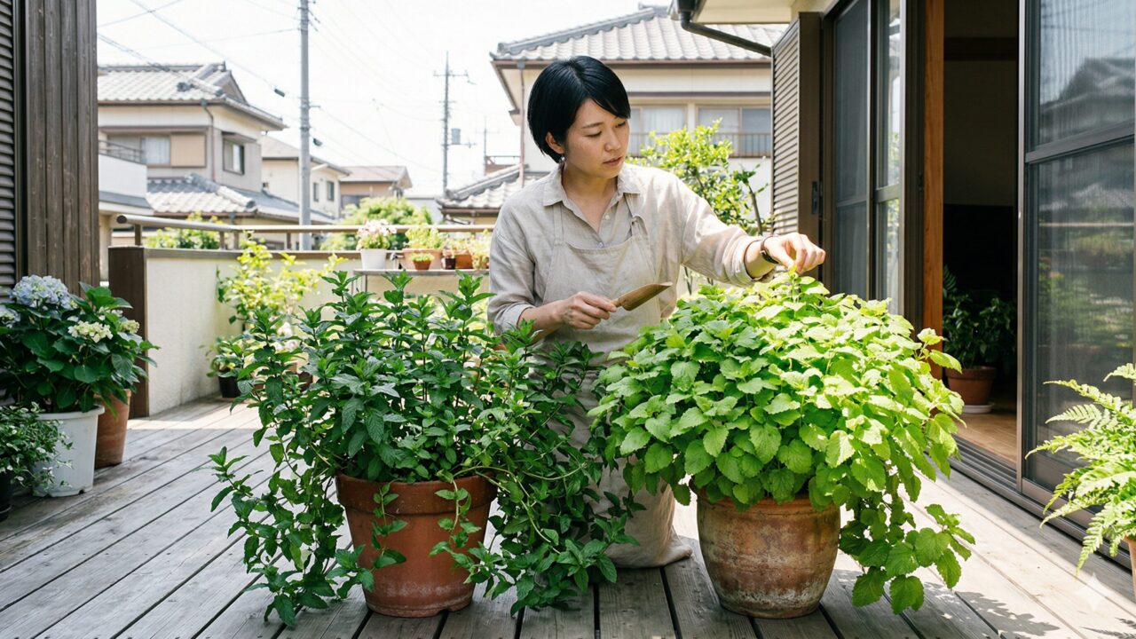 日本の住宅のベランダで、鉢から溢れんばかりに育ったミントとレモンバームを並べて見比べる日本人女性。