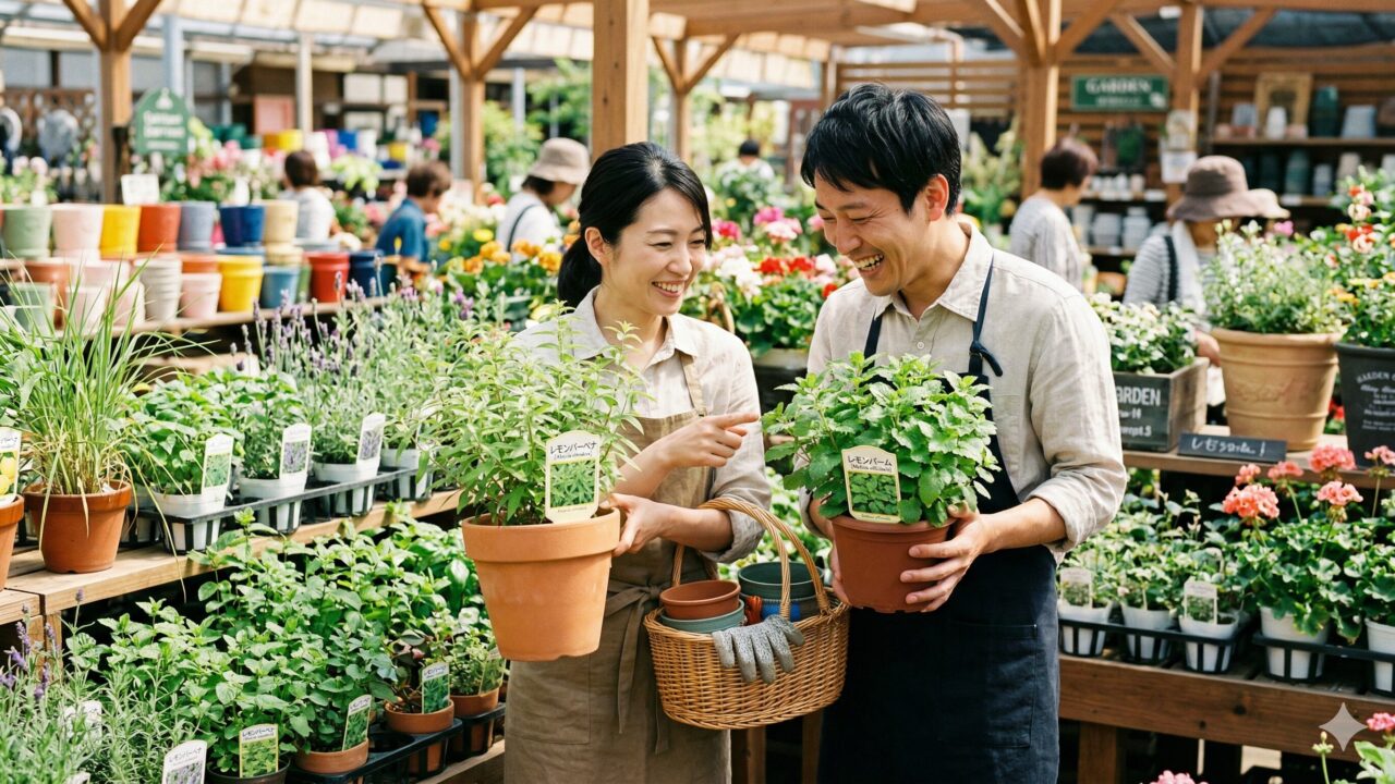 園芸店でレモンバーベナとレモンバームのラベルを読み比べながら、どちらを買うか相談する日本人の夫婦。