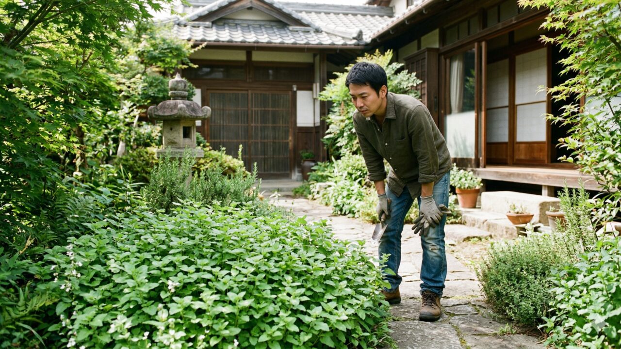 明るい日差しが差し込む日本の庭で、勢いよく育つレモンバームを複雑な表情で見つめるガーデニング姿の日本人男性。