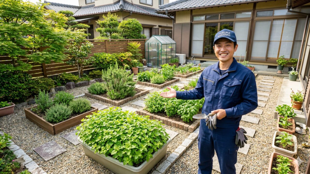 手入れの行き届いた清潔感のある日本の庭で、笑顔でこちらを向く作業服姿の日本人庭師。