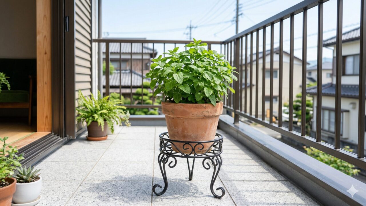 タイルのバルコニーで、地面から浮かせるために専用のスタンドに乗せられた鉢植えのレモンバーム。