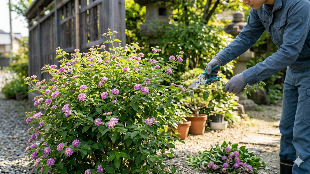 日当たりの良い庭で、剪定バサミを使ってコバノランタナの枝を切り戻している様子。