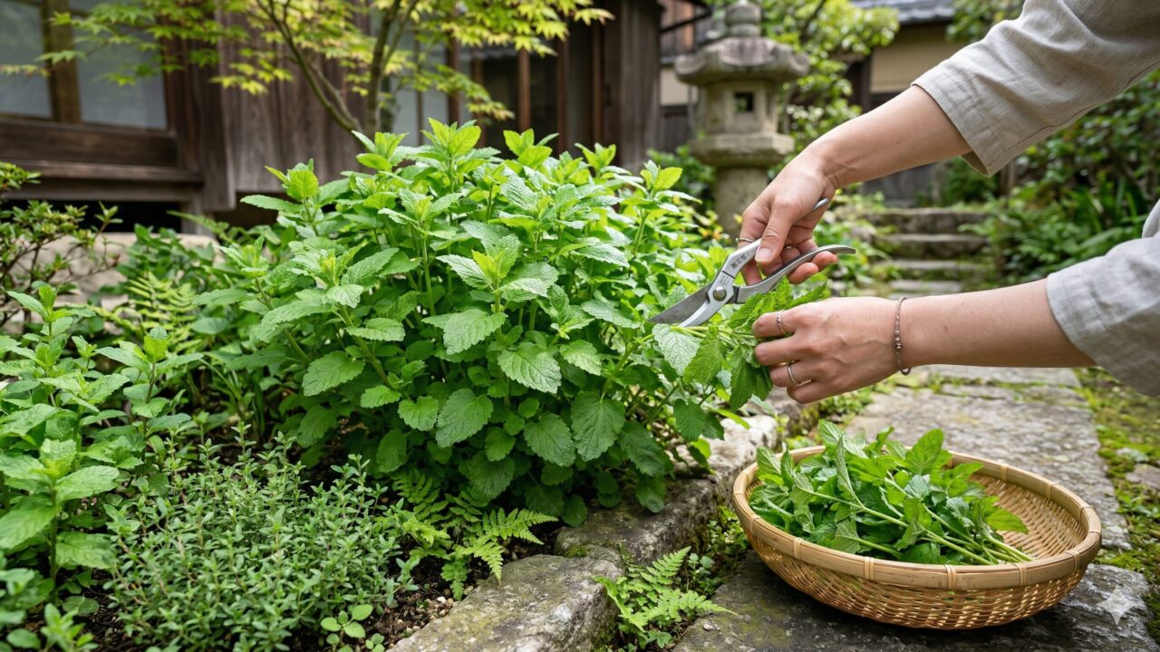 花が咲く前のレモンバームを園芸バサミで思い切り短く切り戻し、収穫した葉を竹ザルに集める様子。