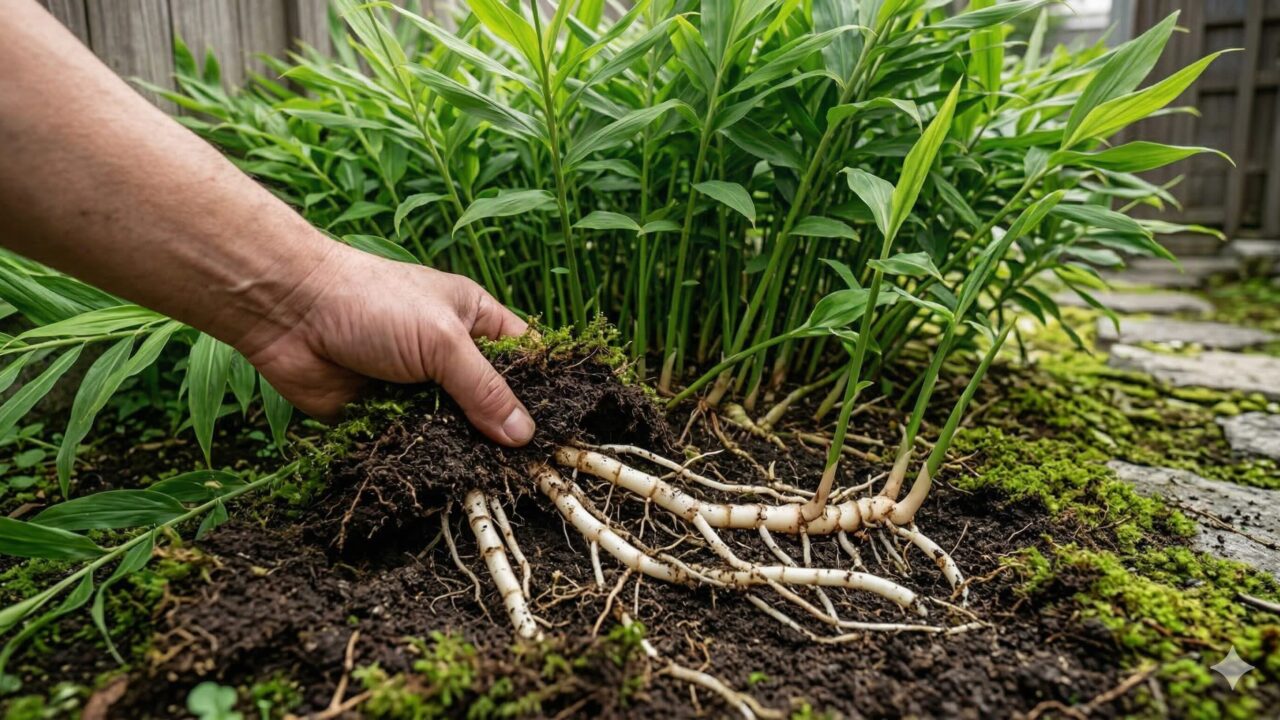 土の中から現れた、横方向へ力強く伸びるミョウガの太い地下茎。