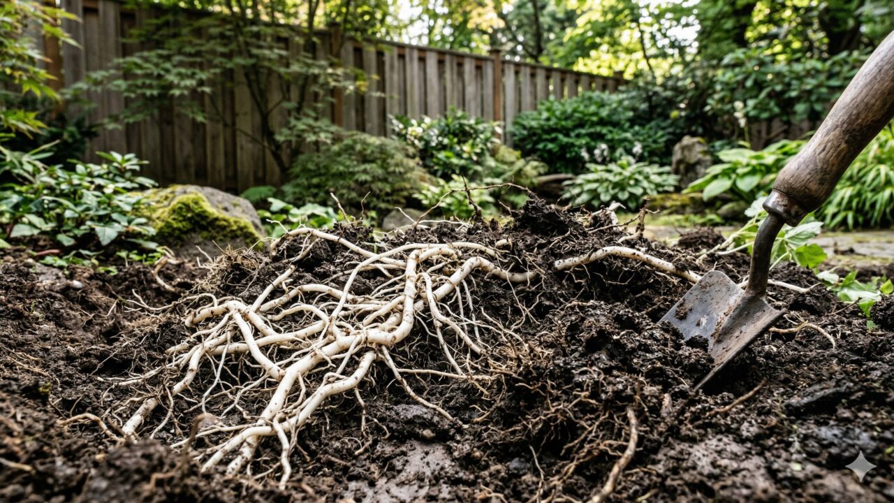 日本の庭の土を掘り返すと、網目のようにびっしりと広がっているレモンバームの白い地下茎の様子。