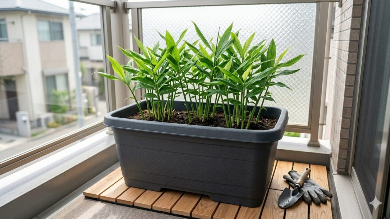 日当たりの良いベランダで、深型のプランターを使って元気に育てられているミョウガ。