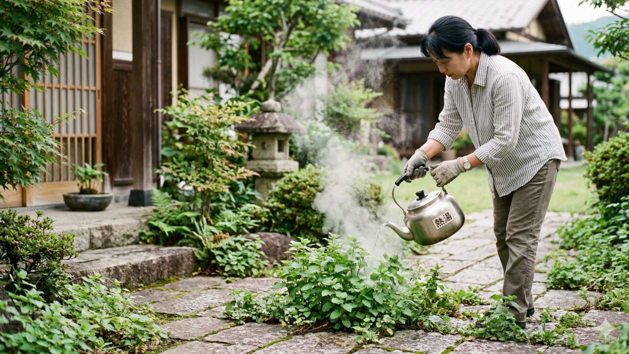 石畳の隙間に生えた不要なレモンバームに、やかんから熱湯をかけて駆除を行っている日本の家庭の様子。