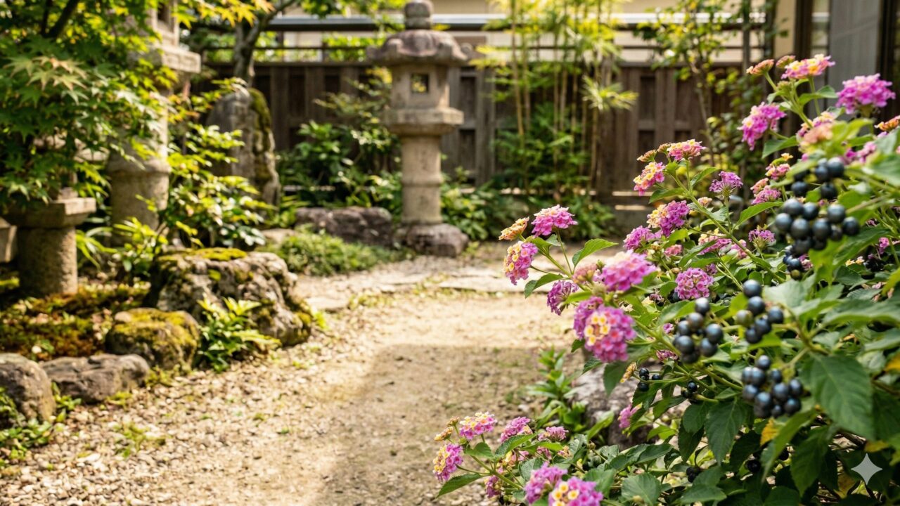 住宅街のフェンスから歩道に向かって勢いよく溢れ出している紫色のコバノランタナ。画像作成してください