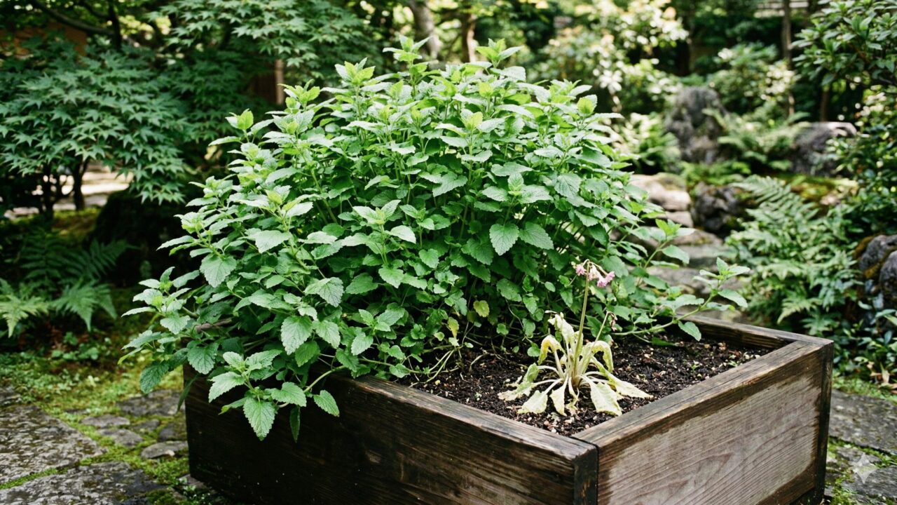 花が咲く前のレモンバームを園芸バサミで思い切り短く切り戻し、収穫した葉を竹ザルに集める様子。
