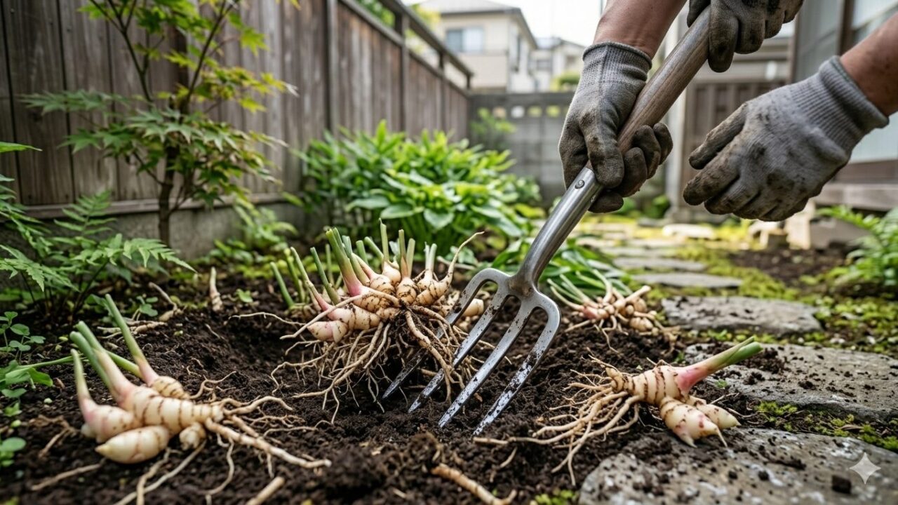 庭に広がりすぎたミョウガを根絶するため、スコップで深く土を掘り返している作業風景。