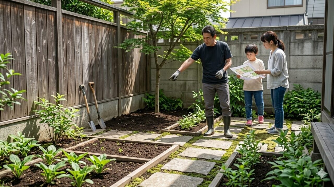 将来の成長を見越して、庭のどこに植物を配置するか検討している日本人男性