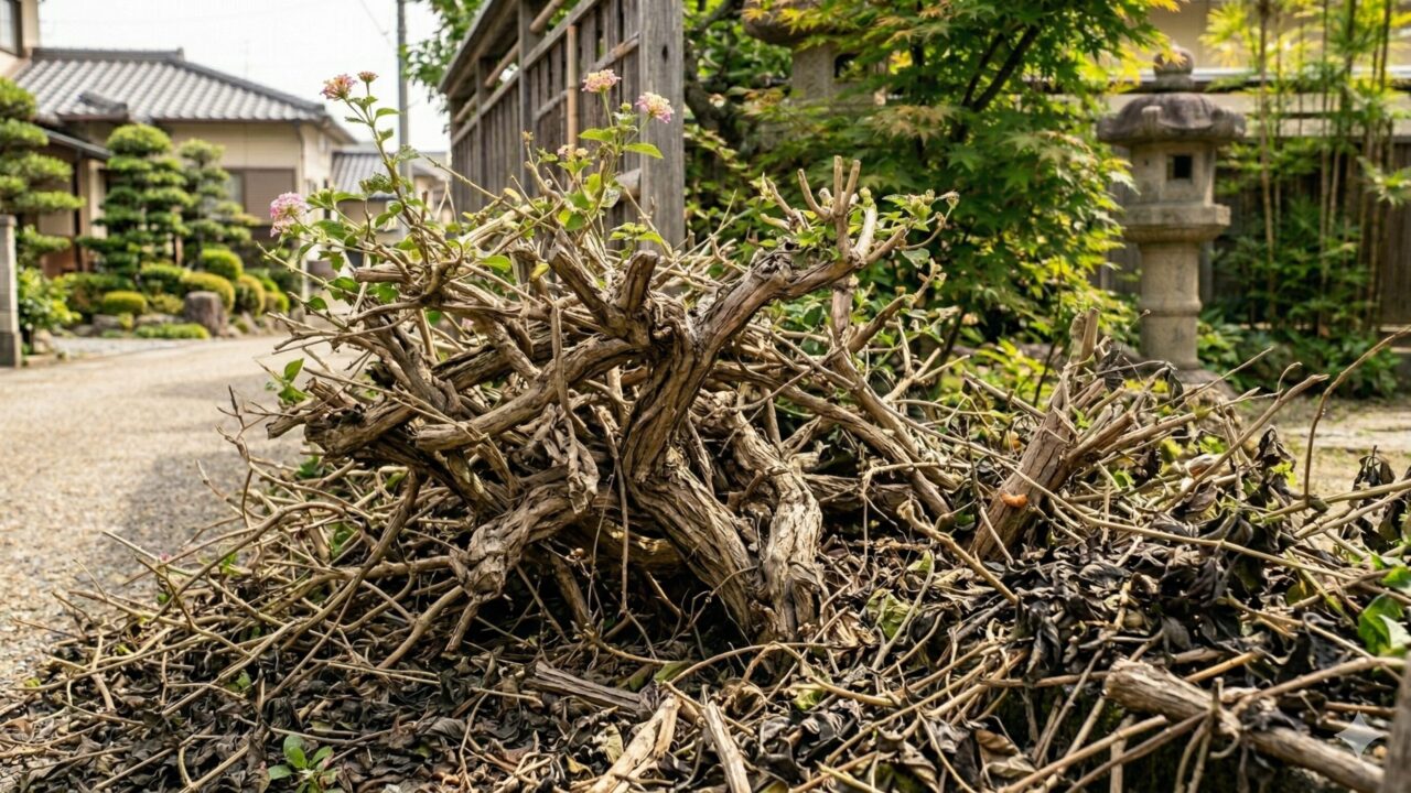 年数が経過して茎が太く茶色く木質化した、コバノランタナの株元の様子。