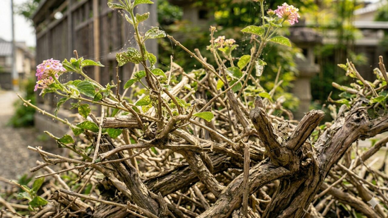 ハダニの影響で葉に白い斑点が出て、小さなクモの巣が張ったコバノランタナの葉の接写。