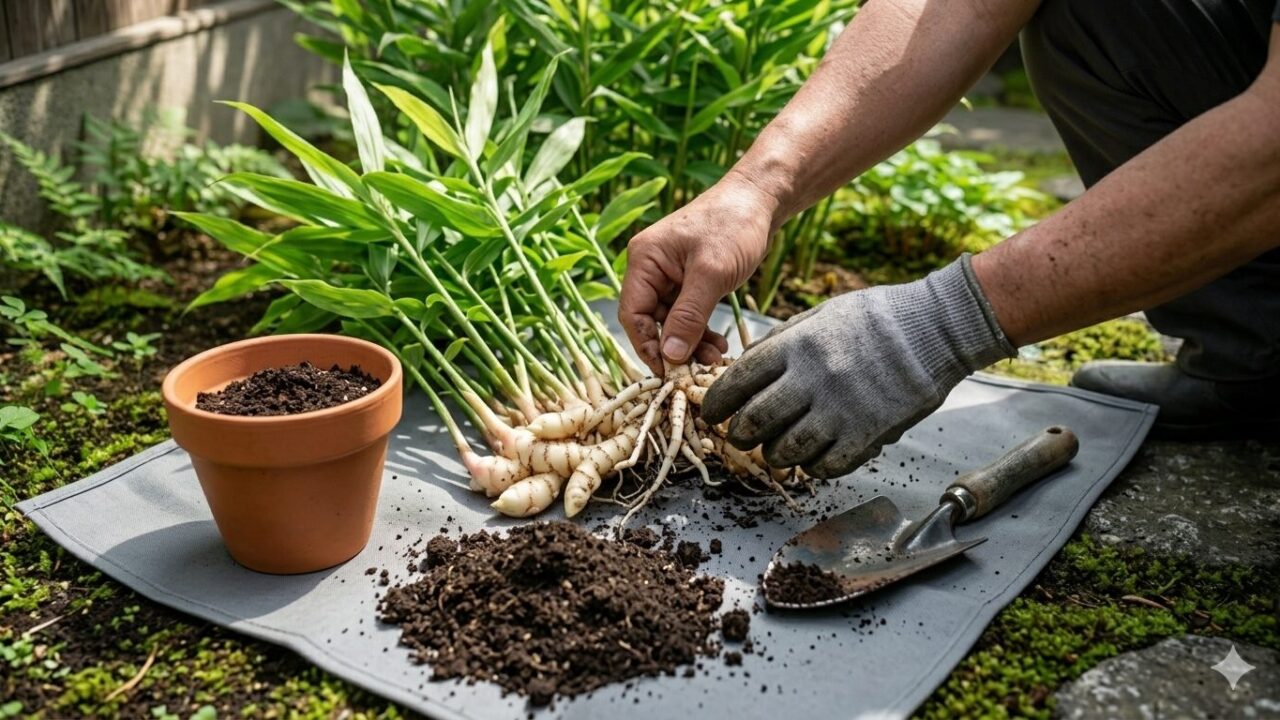植え替えのために、ミョウガの太い地下茎を手作業で丁寧に切り分けている様子。