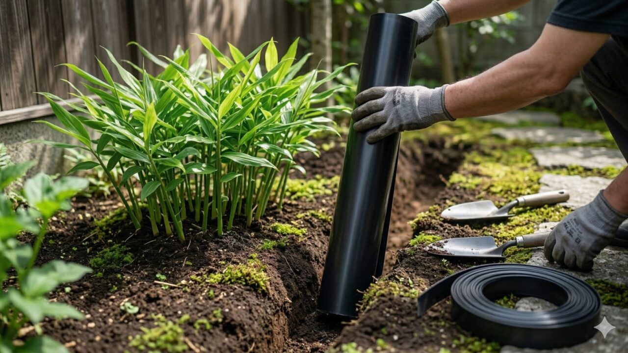 ミョウガの根が広がらないよう、土の中に黒い防根シートを垂直に設置している様子