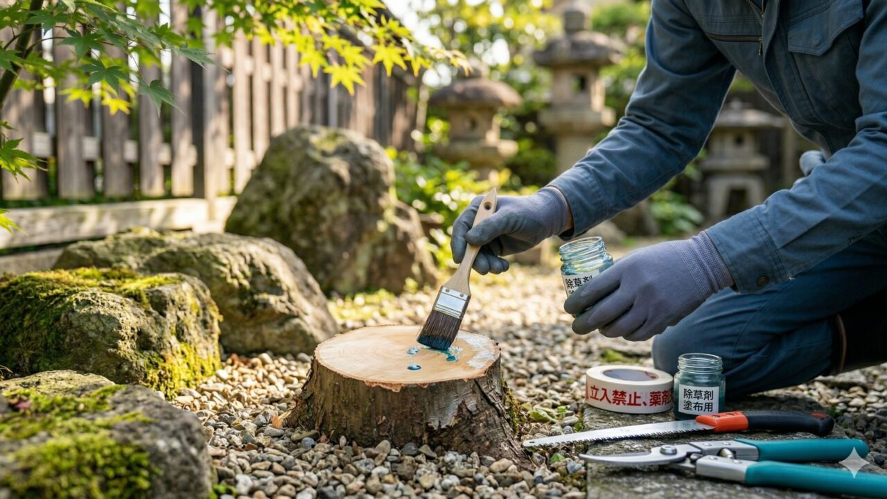 切り戻したコバノランタナの太い切り口に、ハケを使って丁寧に薬剤を塗布している作業風景。