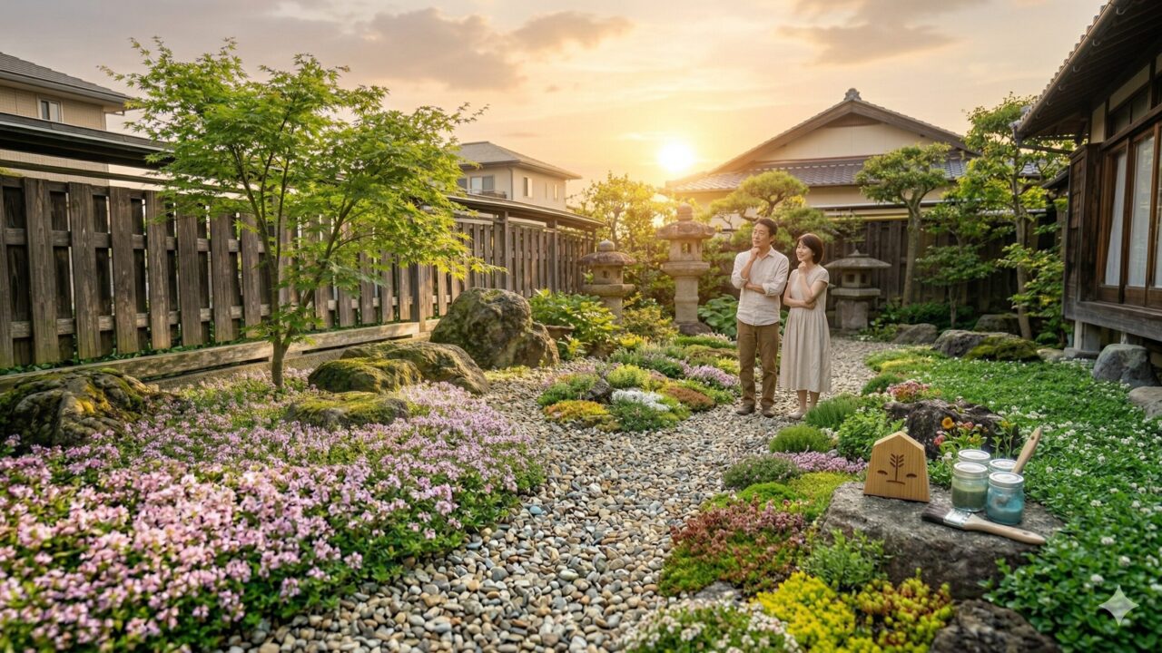 自分に合った植物を選び、美しく手入れが行き届いた日本の家庭菜園と庭の全景。