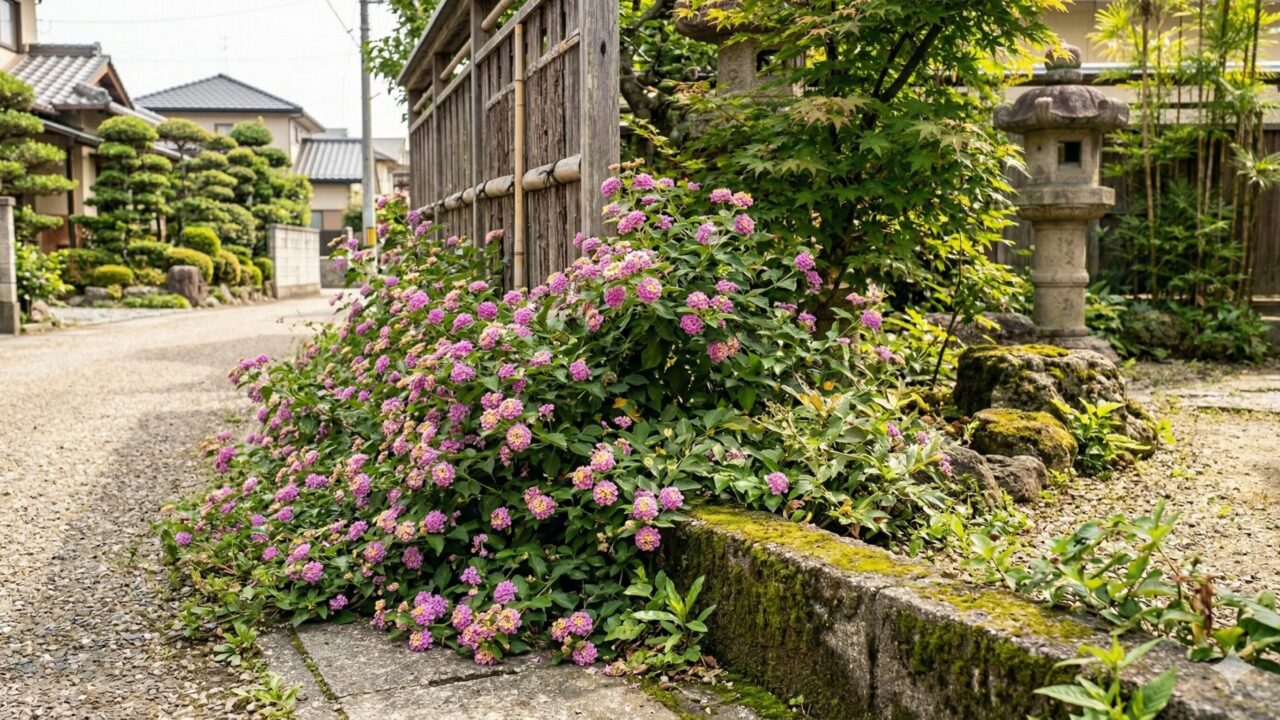 住宅街のフェンスから歩道に向かって勢いよく溢れ出している紫色のコバノランタナ。画像作成してください