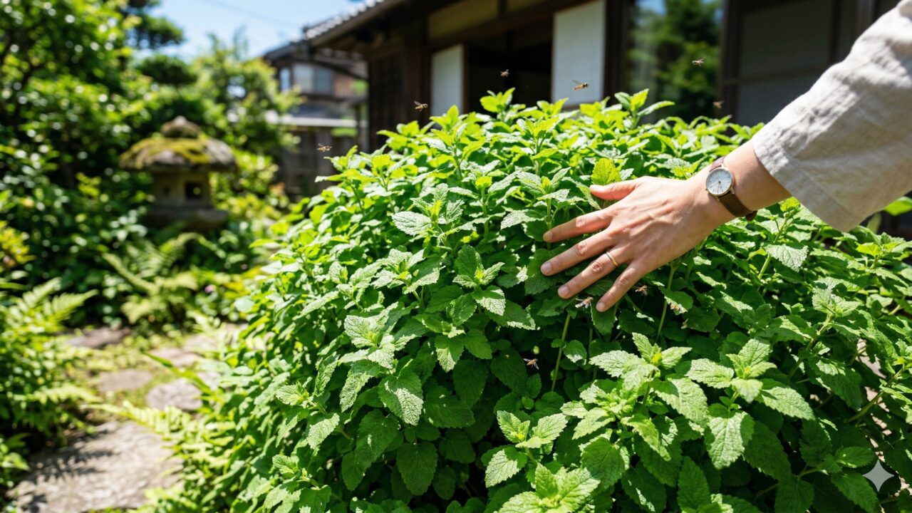 夏の庭で茂りすぎたレモンバームの葉に触れる日本人の手と、葉の周りを飛ぶ小さな虫。