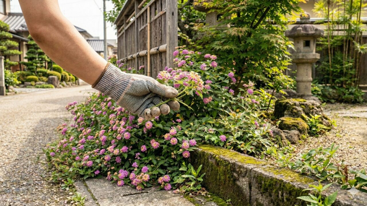 ガーデニング手袋をはめた手で、小さなトゲがあるコバノランタナの茎に触れようとしている様子。　