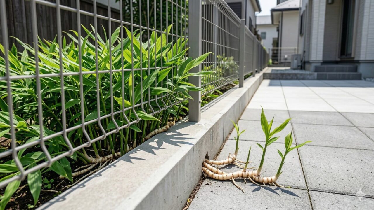 コンクリート塀の隙間を通り抜けて、隣の敷地へと侵入するように生え出したミョウガの芽。