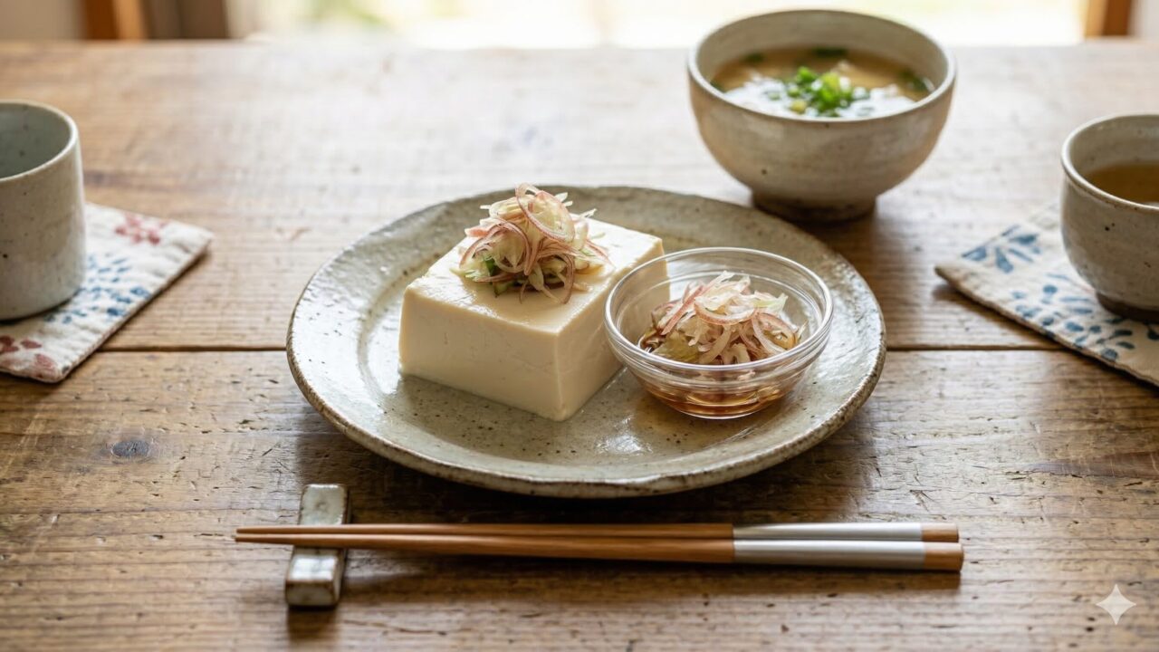 食卓に並んだ、冷奴の薬味として添えられている新鮮な刻みミョウガ