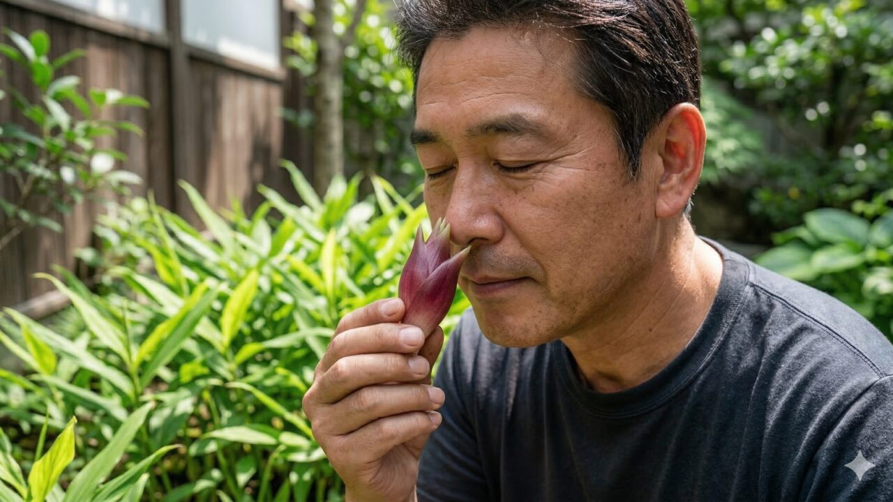 収穫したばかりのミョウガの香りを嗅いで、リフレッシュした表情を浮かべる日本人男性。